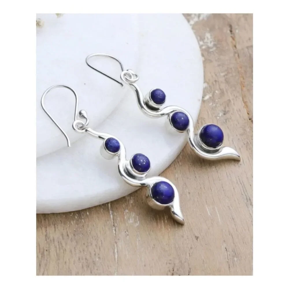 Lapis Lazuli Earrings 3 Stones Graduated in Size Set in a Modern Wavy Setting